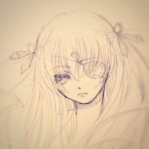 Rating: Safe Score: 0 Tags: 1girl barasuishou eyebrows_visible_through_hair graphite_(medium) hair_between_eyes hair_ribbon image long_hair looking_at_viewer monochrome portrait ribbon simple_background sketch solo traditional_media User: admin