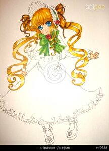 Rating: Safe Score: 0 Tags: 1girl blonde_hair blue_eyes bonnet bow capelet dress flower frills full_body green_bow image long_hair long_sleeves looking_at_viewer rose shinku shoes solo standing twin_drills twintails watermark web_address User: admin