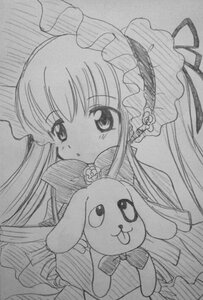 Rating: Safe Score: 0 Tags: 1girl bow dress greyscale image long_hair long_sleeves looking_at_viewer monochrome shinku simple_background solo stuffed_animal traditional_media twintails very_long_hair white_background User: admin