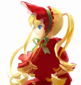 Rating: Safe Score: 0 Tags: 1girl blonde_hair blue_eyes bow bowtie dress drill_hair image long_hair long_sleeves red_dress shinku simple_background solo striped User: admin