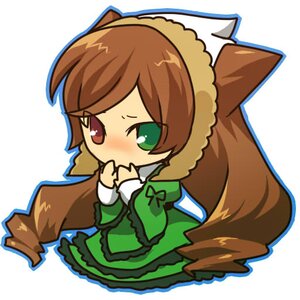 Rating: Safe Score: 0 Tags: 1girl bangs blush brown_hair chibi dress frills full_body green_dress green_eyes heterochromia image long_hair long_sleeves outline own_hands_together red_eyes solo suiseiseki very_long_hair white_background User: admin