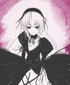 Rating: Safe Score: 0 Tags: 1girl blush detached_collar dress frills hairband image long_hair long_sleeves looking_at_viewer monochrome puffy_sleeves smile solo suigintou very_long_hair User: admin