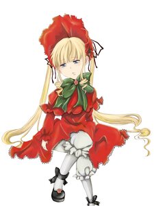 Rating: Safe Score: 0 Tags: 1girl blonde_hair bloomers blue_eyes bonnet bow bowtie dress full_body image long_hair long_sleeves red_capelet shinku sitting solo striped twintails underwear very_long_hair User: admin