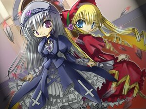 Rating: Safe Score: 0 Tags: 2girls blonde_hair blue_eyes bonnet dress drill_hair frills hat image long_hair long_sleeves looking_at_viewer multiple_girls pair red_dress rose shinku smile suigintou twintails very_long_hair User: admin