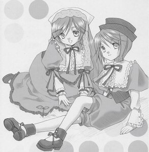 Rating: Safe Score: 0 Tags: 2girls boots capelet dress frills greyscale hat image long_hair long_sleeves looking_at_viewer monochrome multiple_girls neck_ribbon open_mouth pair ribbon siblings sisters sitting smile souseiseki suiseiseki twins User: admin