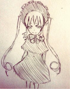 Rating: Safe Score: 0 Tags: 1girl dress image long_hair long_sleeves monochrome shinku sketch smile solo traditional_media twintails very_long_hair User: admin