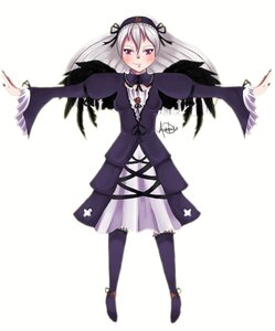 Rating: Safe Score: 0 Tags: 1girl black_wings blush dress frills hairband image long_hair long_sleeves looking_at_viewer outstretched_arm ribbon silver_hair solo suigintou wings User: admin