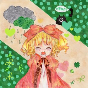 Rating: Safe Score: 0 Tags: 1girl blonde_hair blush bow cape closed_eyes dress drill_hair heart hinaichigo image open_mouth pink_bow polka_dot polka_dot_background solo tears twintails User: admin