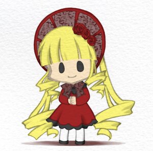 Rating: Safe Score: 0 Tags: 1girl blonde_hair bonnet bow chibi dress drill_hair flower image long_hair long_sleeves red_dress rose shinku smile solo User: admin