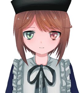 Rating: Safe Score: 0 Tags: 1girl apron bangs black_headwear black_ribbon brown_hair closed_mouth eyebrows_visible_through_hair frills hat image looking_at_viewer ribbon short_hair simple_background smile solo souseiseki striped upper_body white_background User: admin