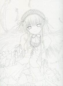 Rating: Safe Score: 0 Tags: 1girl dress frills graphite_(medium) greyscale hairband image long_hair long_sleeves looking_at_viewer monochrome ribbon simple_background solo suigintou traditional_media white_background wings User: admin