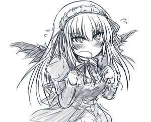 Rating: Safe Score: 0 Tags: 1girl blush dress flying_sweatdrops greyscale image long_hair long_sleeves looking_at_viewer maid monochrome open_mouth ribbon simple_background solo suigintou upper_body white_background wings User: admin