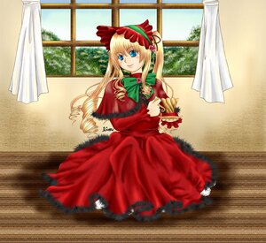 Rating: Safe Score: 0 Tags: 1girl blonde_hair blue_eyes bow bowtie capelet curtains dress drill_hair flower green_bow green_neckwear image indoors long_hair long_sleeves looking_at_viewer red_dress shinku sitting solo twintails window User: admin