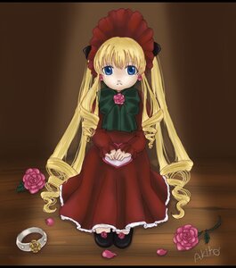 Rating: Safe Score: 0 Tags: 1girl blonde_hair blue_eyes bonnet bow bowtie cup dress drill_hair flower green_bow image long_hair long_sleeves looking_at_viewer pink_flower pink_rose red_rose rose shinku sitting solo teacup twintails very_long_hair User: admin