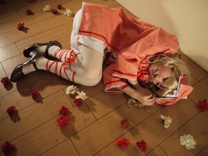 Rating: Safe Score: 0 Tags: 1girl blonde_hair dress flower hinaichigo leg_ribbon lips lying on_side red_flower red_rose rose shoes solo tiles wooden_floor User: admin