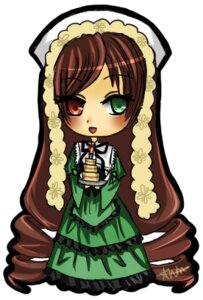 Rating: Safe Score: 0 Tags: 1girl :d brown_hair chibi dress drill_hair frills full_body green_dress green_eyes heterochromia holding image long_hair long_sleeves open_mouth red_eyes simple_background smile solo suiseiseki twin_drills very_long_hair white_background User: admin
