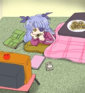 Rating: Safe Score: 0 Tags: 1girl artist_request auto_tagged barasuishou blue_hair eating food fruit image kotatsu long_sleeves lowres rozen_maiden solo table television User: admin