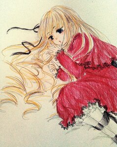 Rating: Safe Score: 0 Tags: 1girl blonde_hair blue_eyes capelet dress frills hair_ribbon image long_hair long_sleeves lying on_side red_capelet red_dress ribbon shinku solo traditional_media very_long_hair User: admin