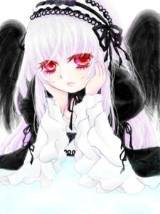 Rating: Safe Score: 0 Tags: 1girl black_ribbon black_wings closed_mouth detached_collar dress feathers frills hairband image long_hair long_sleeves looking_at_viewer red_eyes ribbon rose simple_background solo suigintou upper_body wings User: admin