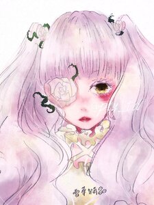 Rating: Safe Score: 0 Tags: 1girl flower image kirakishou lips long_hair pink_flower pink_hair rose solo traditional_media white_flower white_rose yellow_eyes User: admin