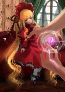 Rating: Safe Score: 0 Tags: 1girl blonde_hair bonnet bow doll dress flower long_hair long_sleeves red_dress ribbon rose shinku solo twintails very_long_hair User: admin