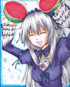 Rating: Safe Score: 0 Tags: 1girl closed_eyes food fruit holding_fruit image long_hair long_sleeves open_mouth silver_hair smile solo strawberry suigintou watermelon User: admin