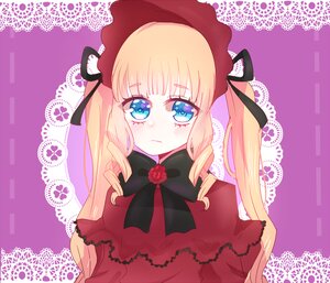 Rating: Safe Score: 0 Tags: 1girl blonde_hair blue_eyes blush bonnet bow bowtie capelet dress drill_hair flower image long_hair looking_at_viewer red_capelet red_dress rose shinku solo tears twintails upper_body User: admin