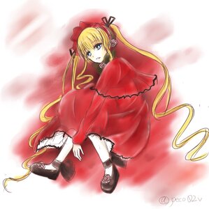 Rating: Safe Score: 0 Tags: 1girl black_footwear blonde_hair blue_eyes bonnet bow bowtie dress full_body image long_hair long_sleeves looking_at_viewer red_capelet red_dress shinku shoes sitting solo twintails underwear very_long_hair User: admin