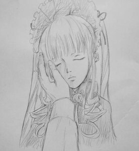 Rating: Safe Score: 0 Tags: 1girl bangs closed_eyes closed_mouth drill_hair greyscale image jewelry long_hair monochrome out_of_frame pov_hands shinku sketch solo solo_focus traditional_media upper_body veil User: admin