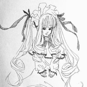 Rating: Safe Score: 0 Tags: 1girl bangs bow closed_mouth dress frills greyscale image long_hair long_sleeves looking_at_viewer monochrome ribbon shinku solo very_long_hair User: admin