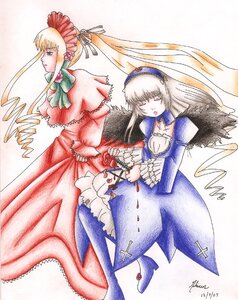 Rating: Safe Score: 0 Tags: 2girls auto_tagged blonde_hair blue_dress bonnet closed_eyes dress drill_hair frills hat image long_hair long_sleeves multiple_girls pair red_dress shinku suigintou traditional_media very_long_hair User: admin