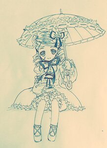 Rating: Safe Score: 0 Tags: 1girl bow dress frills full_body holding holding_umbrella image kanaria lolita_fashion long_sleeves looking_at_viewer monochrome parasol short_hair smile solo traditional_media umbrella User: admin