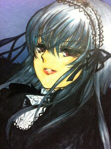 Rating: Safe Score: 0 Tags: 1girl bangs frills hairband image lolita_fashion long_hair looking_at_viewer red_eyes simple_background smile solo suigintou traditional_media User: admin