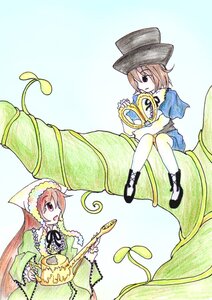 Rating: Safe Score: 0 Tags: 2girls bonnet brown_hair bug butterfly dress green_dress hat head_scarf image insect long_hair long_sleeves multiple_girls pair red_eyes short_hair sitting souseiseki suiseiseki top_hat white_legwear User: admin