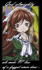 Rating: Safe Score: 0 Tags: 1girl brown_hair character_name dress english_text frills green_dress green_eyes hands_clasped head_scarf heterochromia image letterboxed long_hair long_sleeves looking_at_viewer red_eyes smile solo suiseiseki User: admin