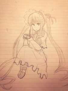 Rating: Safe Score: 0 Tags: 1girl dress full_body image long_hair long_sleeves looking_at_viewer monochrome shinku solo traditional_media twintails User: admin