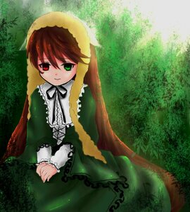 Rating: Safe Score: 0 Tags: 1girl brown_hair dress frills green_dress green_eyes heterochromia image long_hair long_sleeves looking_at_viewer outdoors red_eyes ribbon sitting solo suiseiseki very_long_hair User: admin