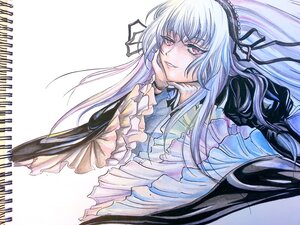 Rating: Safe Score: 0 Tags: 1girl doll_joints dress frilled_sleeves frills hairband image long_hair long_sleeves looking_at_viewer pink_eyes solo suigintou traditional_media upper_body User: admin