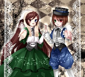 Rating: Safe Score: 0 Tags: 2girls argyle argyle_background brown_hair checkered checkered_background checkered_floor dress frills green_dress green_eyes hat heterochromia image long_hair long_sleeves looking_at_viewer multiple_girls open_mouth outstretched_arm outstretched_hand pair pantyhose red_eyes short_hair siblings sisters souseiseki suiseiseki twins very_long_hair User: admin