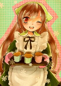 Rating: Safe Score: 0 Tags: 1girl apron blush brown_eyes brown_hair head_scarf image long_hair one_eye_closed open_mouth oven_mitts smile solo suiseiseki User: admin