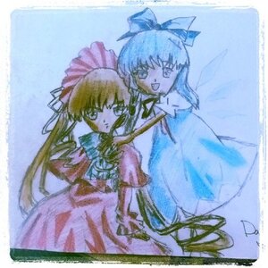 Rating: Safe Score: 0 Tags: 2girls :d blonde_hair blue_background blue_dress blue_hair bow dress hair_bow image looking_at_viewer multiple_girls open_mouth puffy_short_sleeves puffy_sleeves shinku short_sleeves smile solo traditional_media wings User: admin
