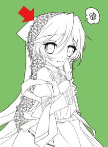 Rating: Safe Score: 0 Tags: 1girl flower frills green_background gun image lineart looking_at_viewer monochrome puffy_sleeves solo spoken_squiggle squiggle suiseiseki User: admin