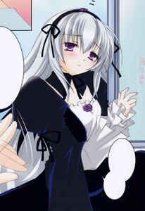 Rating: Safe Score: 0 Tags: 1girl black_dress blush dress flower gothic_lolita hairband image lolita_fashion long_hair long_sleeves looking_at_viewer outstretched_hand purple_eyes ribbon rose silver_hair solo suigintou wings User: admin