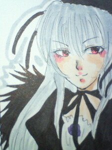 Rating: Safe Score: 0 Tags: 1girl blush closed_mouth image long_hair looking_at_viewer neck_ribbon one_eye_closed red_eyes ribbon simple_background smile solo suigintou traditional_media User: admin