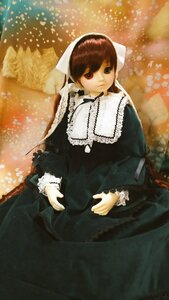 Rating: Safe Score: 0 Tags: 1girl bangs black_dress brown_hair closed_mouth doll dress frills heterochromia lace long_sleeves looking_at_viewer red_eyes sitting solo suiseiseki User: admin