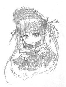 Rating: Safe Score: 0 Tags: 1girl blush dress greyscale image long_hair long_sleeves looking_at_viewer monochrome ribbon shinku simple_background solo upper_body white_background User: admin