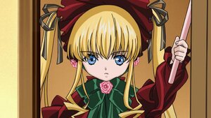 Rating: Safe Score: 0 Tags: 1girl bangs blonde_hair blue_eyes bonnet bow bowtie dress flower green_bow image long_hair long_sleeves looking_at_viewer pink_flower pink_rose red_dress rose shinku sidelocks simple_background solo twintails upper_body yellow_background User: admin