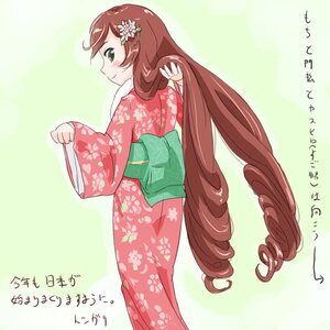 Rating: Safe Score: 0 Tags: 1girl blush brown_hair floral_print flower green_background green_eyes hair_flower hair_ornament image japanese_clothes kimono long_hair looking_back new_year obi sash smile solo suiseiseki very_long_hair User: admin
