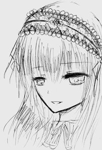 Rating: Safe Score: 0 Tags: 1girl bangs eyebrows_visible_through_hair grey_background greyscale image long_hair looking_at_viewer monochrome simple_background sketch smile solo suigintou User: admin