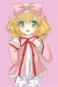 Rating: Safe Score: 0 Tags: 1girl :d blonde_hair bloomers blush bow cowboy_shot dress drill_hair frills green_eyes hina_ichigo hinaichigo image long_sleeves looking_at_viewer open_mouth pink_background pink_bow simple_background smile solo striped striped_background white_bloomers User: admin